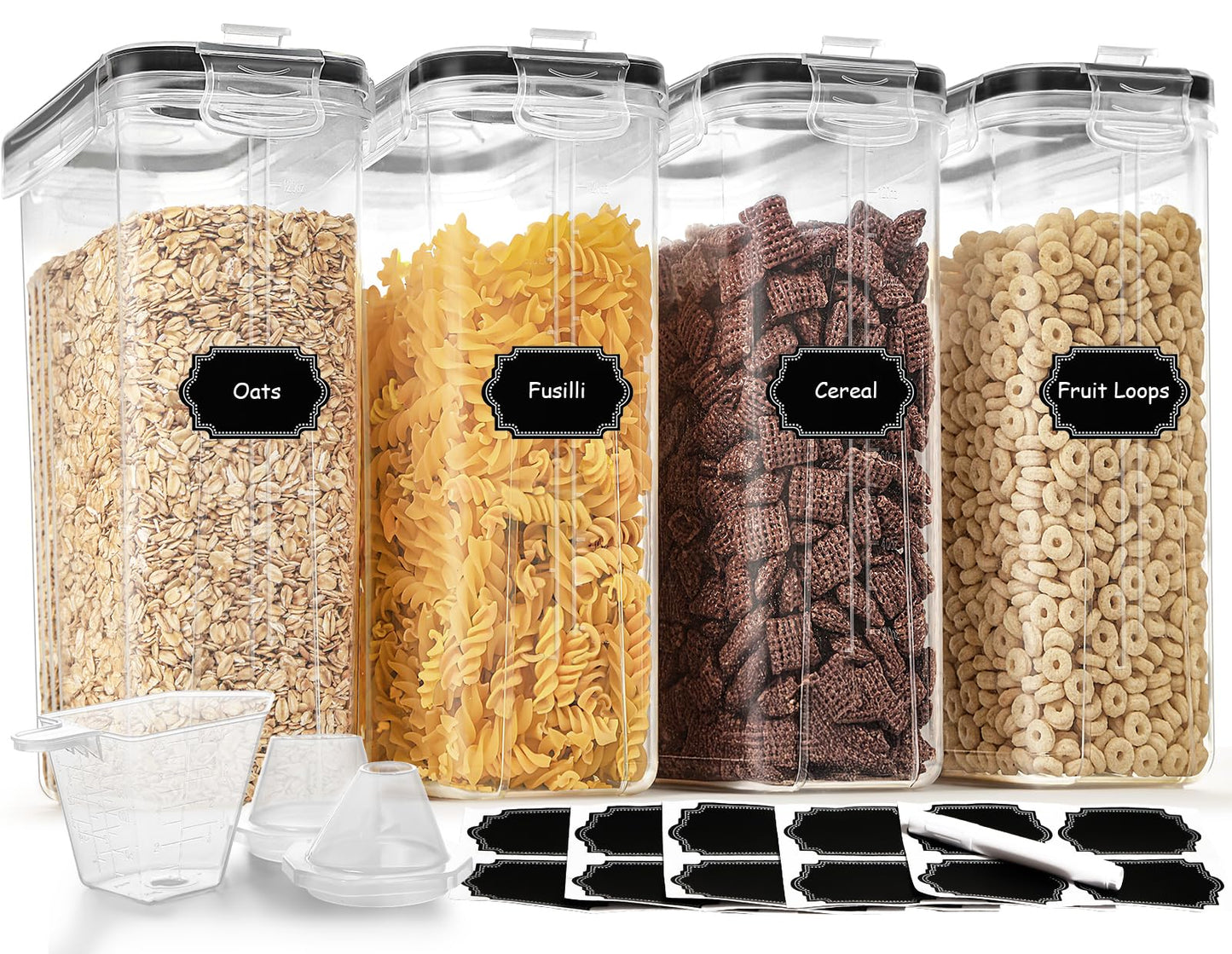 Cereal Containers Storage Set (4L / 135.2oz), 4PCS Airtight Food Storage Containers with Lids, Cereal Dispensers for Kitchen Pantry Organization and Storage with Pour Spout, 20 Labels, Marker