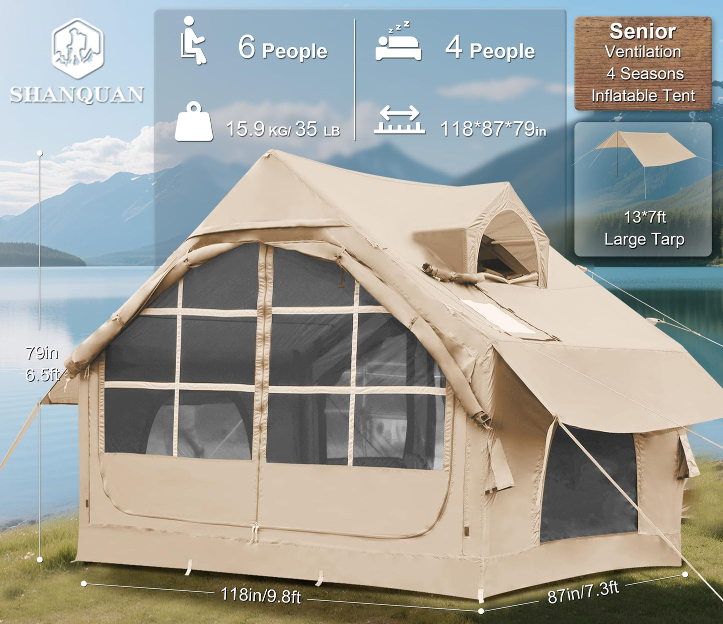 Inflatable Tents for Camping with Skylight, 4/6 Person Easy Setup Blow Up Tents for 4 Seasons Waterproof Inflatable Camping Tent with Awning, Air House Glamping Tents for Camping Adult