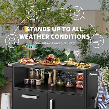 Mobile Outdoor Kitchen Cart - Premium Stainless Steel Prep Table with Single Door & Dual Drawers - Rolling BBQ Station w/ 2 Locking Wheels for Grilling & Serving