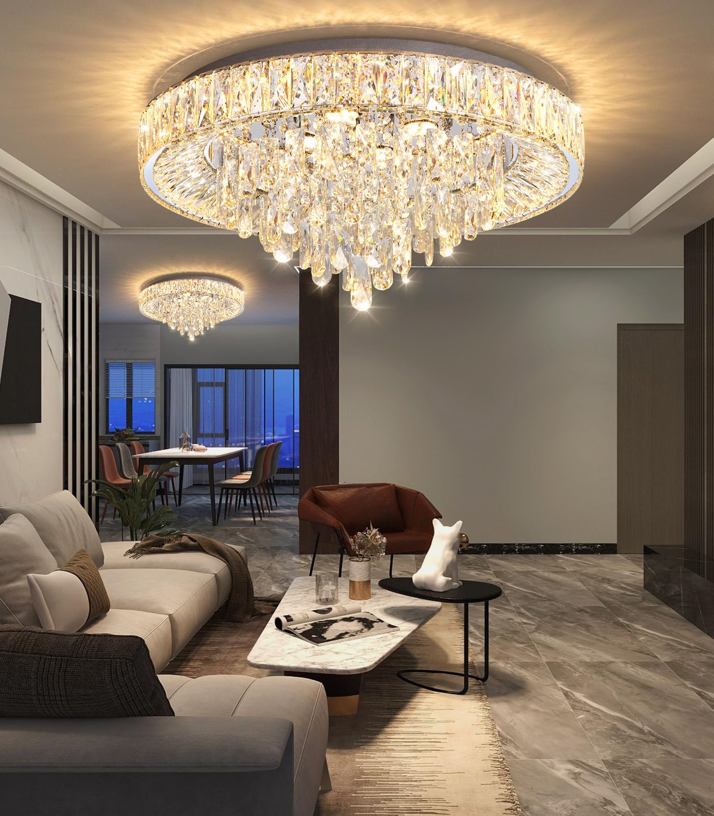dolria 23.6" Modern Crystal Chandeliers LED Dimmable Flush Mount Ceiling Chandeliers for Living Room Entrance Foyer Bedroom Silver