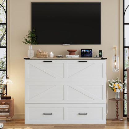 DNYN Farmhouse Murphy Cabinet Bed with Large Storage Drawer for Bedroom/Guest Room, Full-Size Foldable Wall Bed Frame with Charging Station, Space-Saving Design & No Box Spring Needed