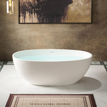 WOODBRIDGE 59" Stone Resin Freestanding Soaking Tub, Modern Oval Solid Surface Bathtub with Integrated Slotted Overflow & Drain, Matte White, B0055