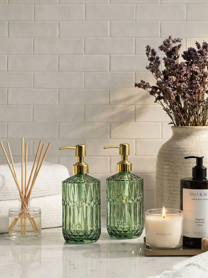JASAI 2Pack 18Oz Green Glass Soap Dispenser with Gold Rust Proof Pump, Refillable Dish Soap Dispenser for Kitchen, Bathroom Soap Dispenser for Hand soap, Lotion, Body Wash, Dish Soap.