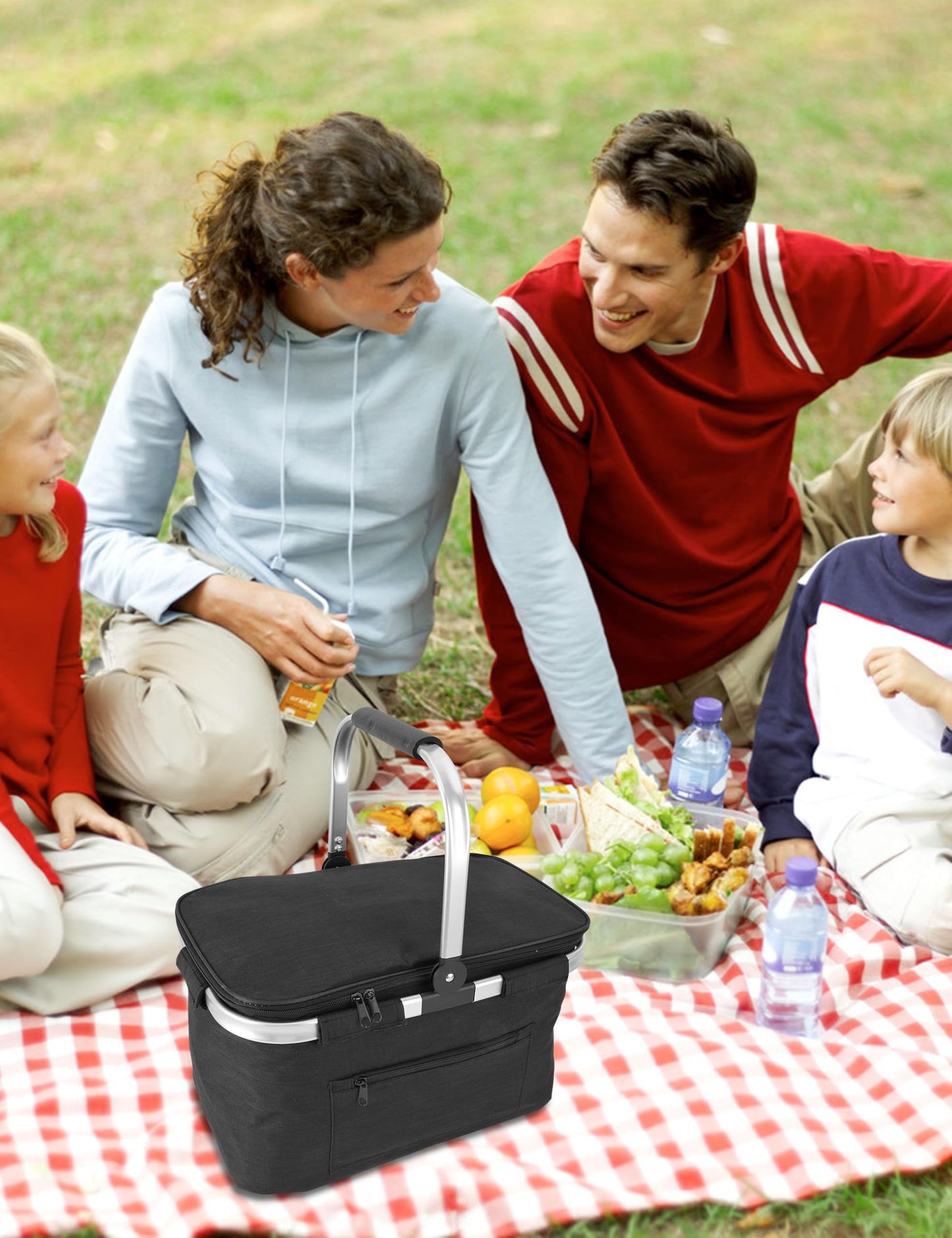 MEKOTRIN Large Picnic Basket Insulated, Foldable Shoping Basket Cooler Bag, Leakproof Picnic Baskets with Handle and Lid for Camping Outdoor Birthday Lunch BBQ Travel Beach(Black, 17.7x10.2x9.8in)