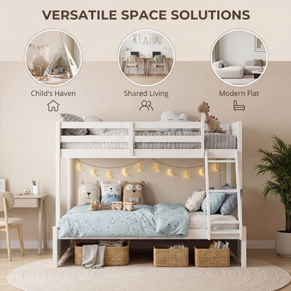 KOMFOTT Twin Over Full Bunk Bed, Pine Bed Frame with 3-Step Ladder, Full-Length Guardrails & 21 Wooden Support Slats, Solid Wood Bunk Bed for Teens, Kids, Adults, Dorms and Apartments (White)