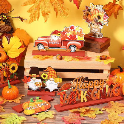 Blosssound 6 Pcs Fall Table Decorations Wooden Thanksgiving Table Signs Hello Fall Truck Gnomes Pumpkin Sunflower Centerpieces for Autumn Harvest Happy Thanksgiving Party Decor Supplies Gifts