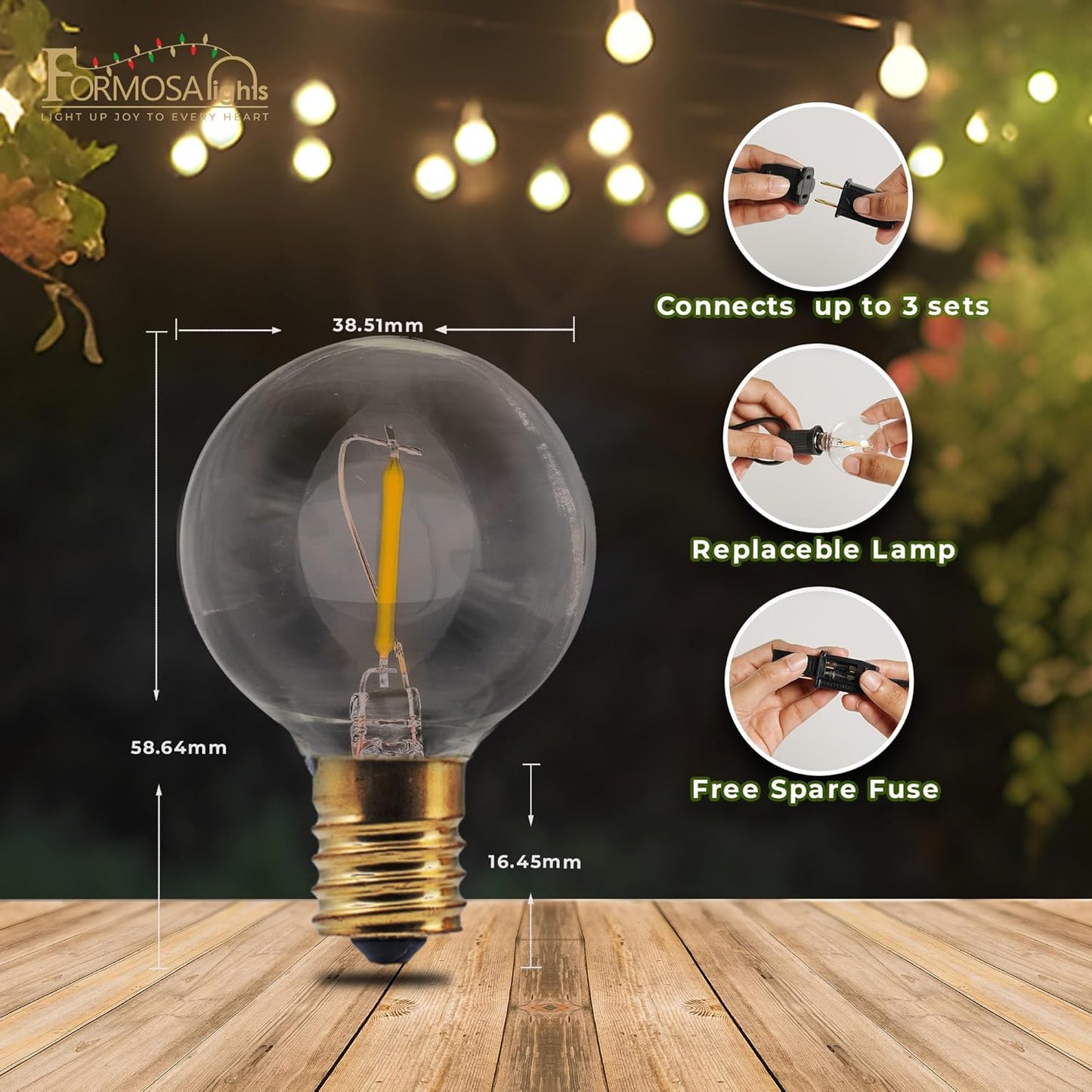 26ft 25 Bulbs,G40 Bulbs, Formosa Indoor/Outdoor Clear LED Christmas String, Patio Light with Retro Round Waterproof