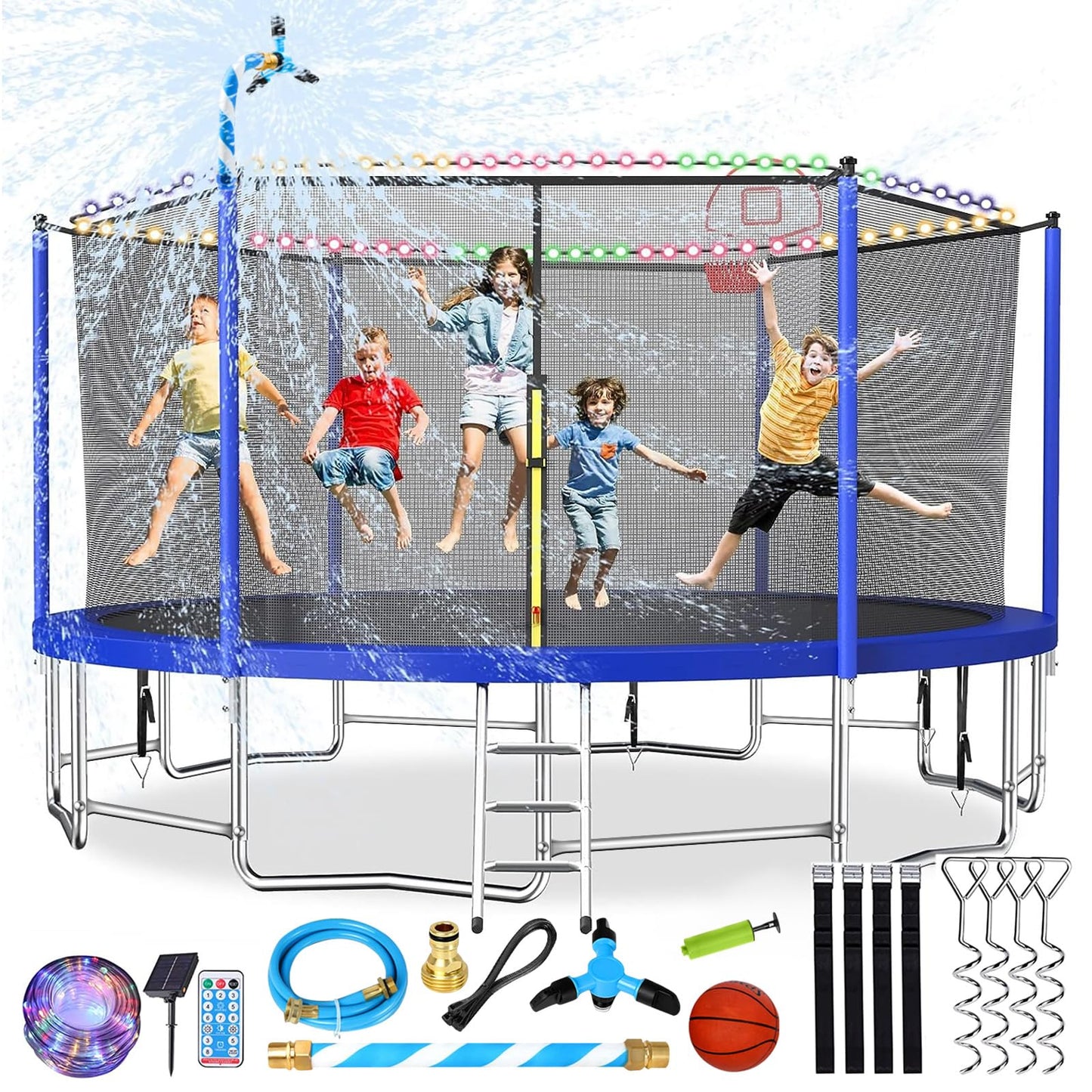 Lyromix Upgraded 16FT Trampoline with Lights, Large Outdoor Trampoline with Sprinkler,Basketball Hoop and Net, Capacity for 5-8 Kids and Adults, Navy Blue