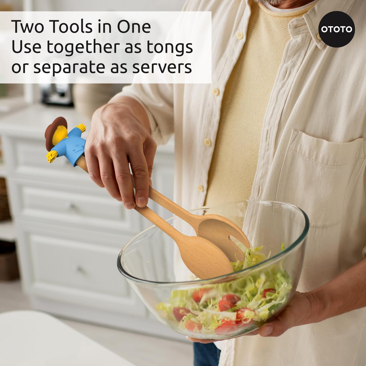 NEW - OTOTO Sal Scarecrow Salad Tongs (2-Piece) - Wooden Tongs Set, Food Safe Toaster Tongs for Serving, Cute Kitchen Tongs, Cool Kitchen Gadgets Accessories, Funny Gifts, Mini Tongs (Blue)