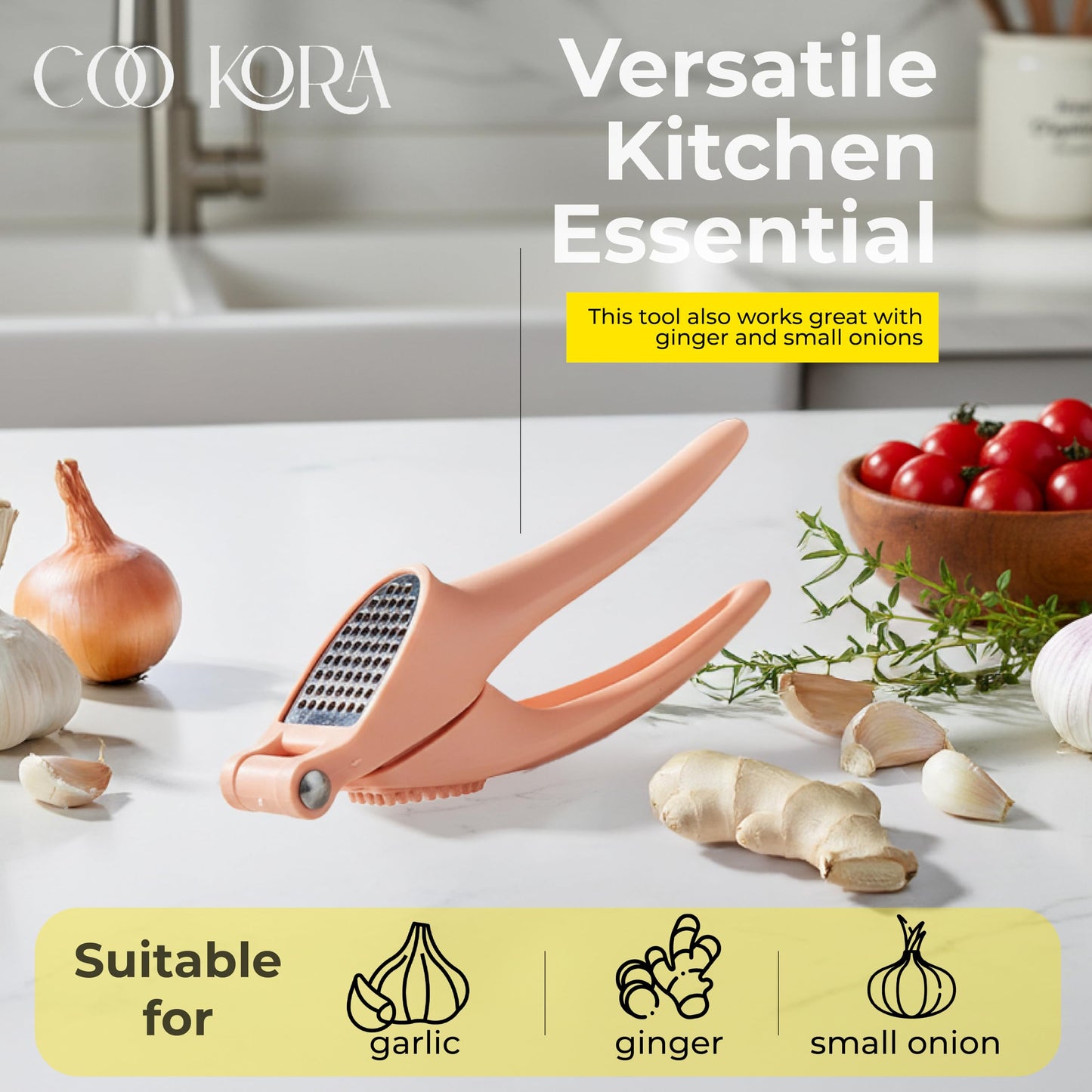 COO KORA Garlic Presses, Garlic Press, Durable Ergonomic Handheld Garlic Chopper/Crusher for Chefs and Kitchens, No Peeling Required, Dishwasher Safe