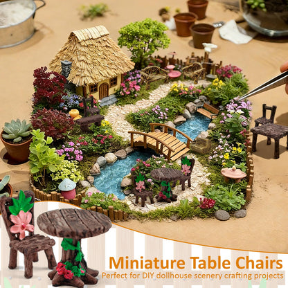 Morofme 10 Pcs Mini Garden Furniture Ornaments Miniature Table and Chairs Resin Bench Chair Kit Garden Furniture Accessories for Cake Topper Micro Landscape DIY Craft Succulent Flower Pot Decorations