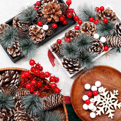 Biubumtu 108 Pcs Christmas Ornaments Pine Cones Berry Pine Branch Set Xmas Decorations for Home, Pinecones for Crafts Vase Filler Wreath Christmas Table Decor