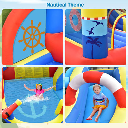 OLAKIDS Inflatable Water Slides, Nautical Themed Bouncy House with Slide, Splash Pool, Climbing Wall, Water Gun, Outdoor Jumping Castle with Hose, Carry Bag, Repairing Kit, Stakes