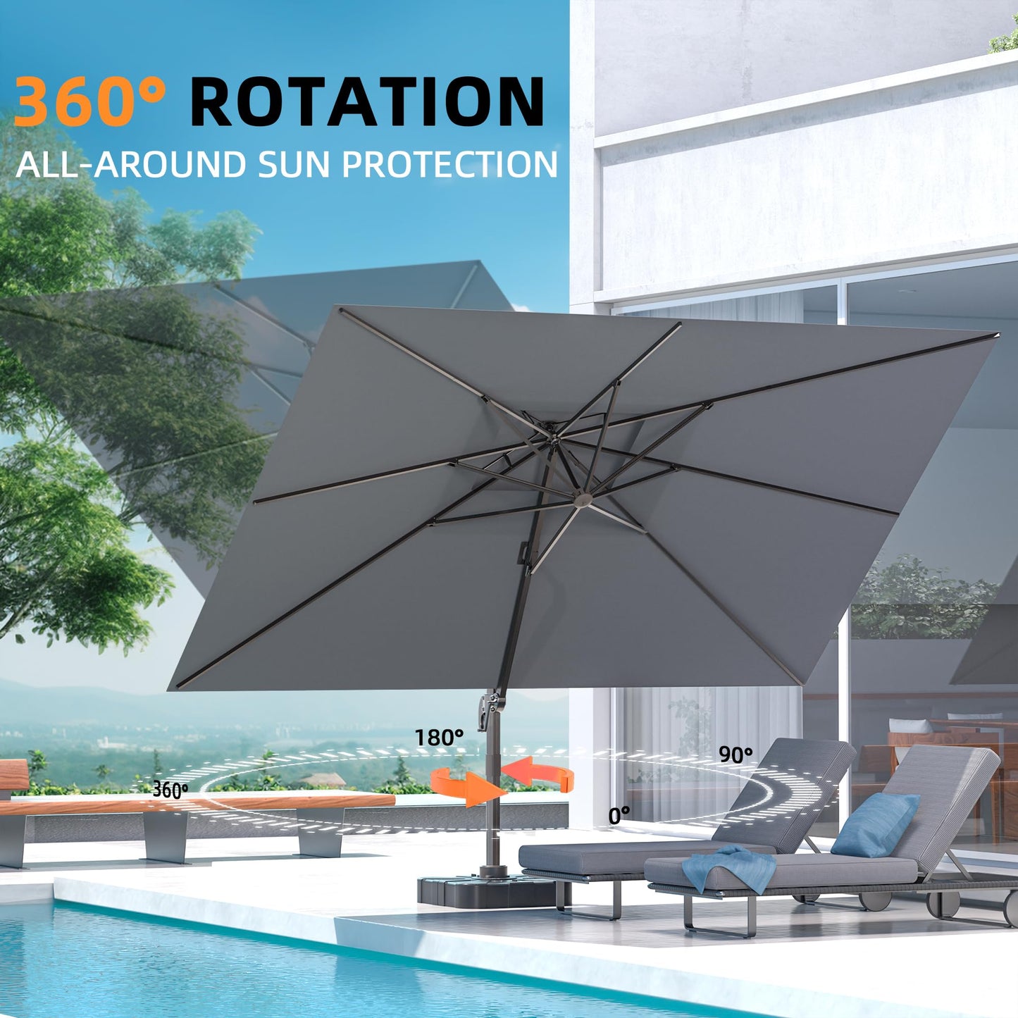 ORYNTREX 9' X 12' Cantilever Outdoor Patio Umbrellas Double Top Large Rectangle Umbrella Heavy Duty 360°Rotation Offset Umbrella for Garden Deck Pool Patio,Grey