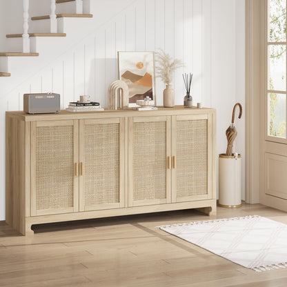GarveeHome 60 in Farmhouse Rattan Buffet Cabinet - 4-Door Woven Storage Sideboard with Adjustable Shelves, Kitchen Console Table for Dining Room & Living Room Entryway (Oak Brown)