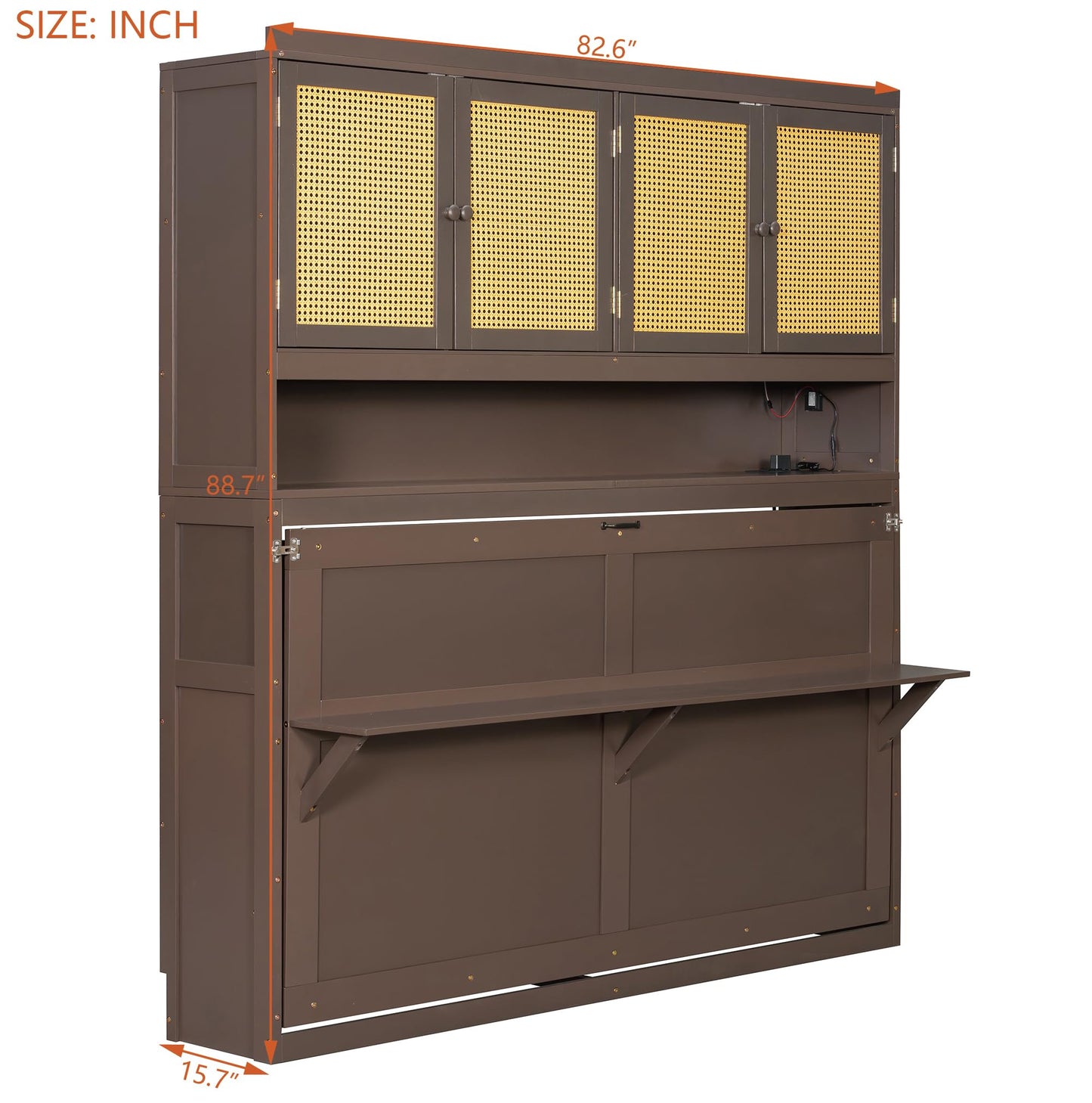 Merax Twin Murphy Bed Frame with Top Cabinet, Multi Storage Shelves & 4 Ratten Doors, 2-in-1 Bed Desk Space Saving Foldable Wall Bed with Light & USB Charging Ports, Espresso