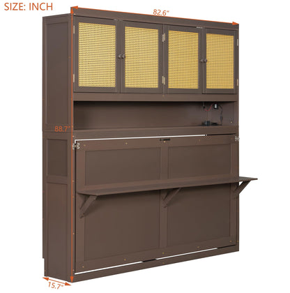 Merax Twin Murphy Bed Frame with Top Cabinet, Multi Storage Shelves & 4 Ratten Doors, 2-in-1 Bed Desk Space Saving Foldable Wall Bed with Light & USB Charging Ports, Espresso