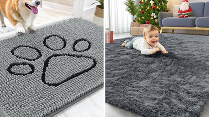 OLANLY Chenille Dog Door Mat & Area Rugs - Soft, Durable Grey Set | 30x20 in & 4x5.9 ft Sizes