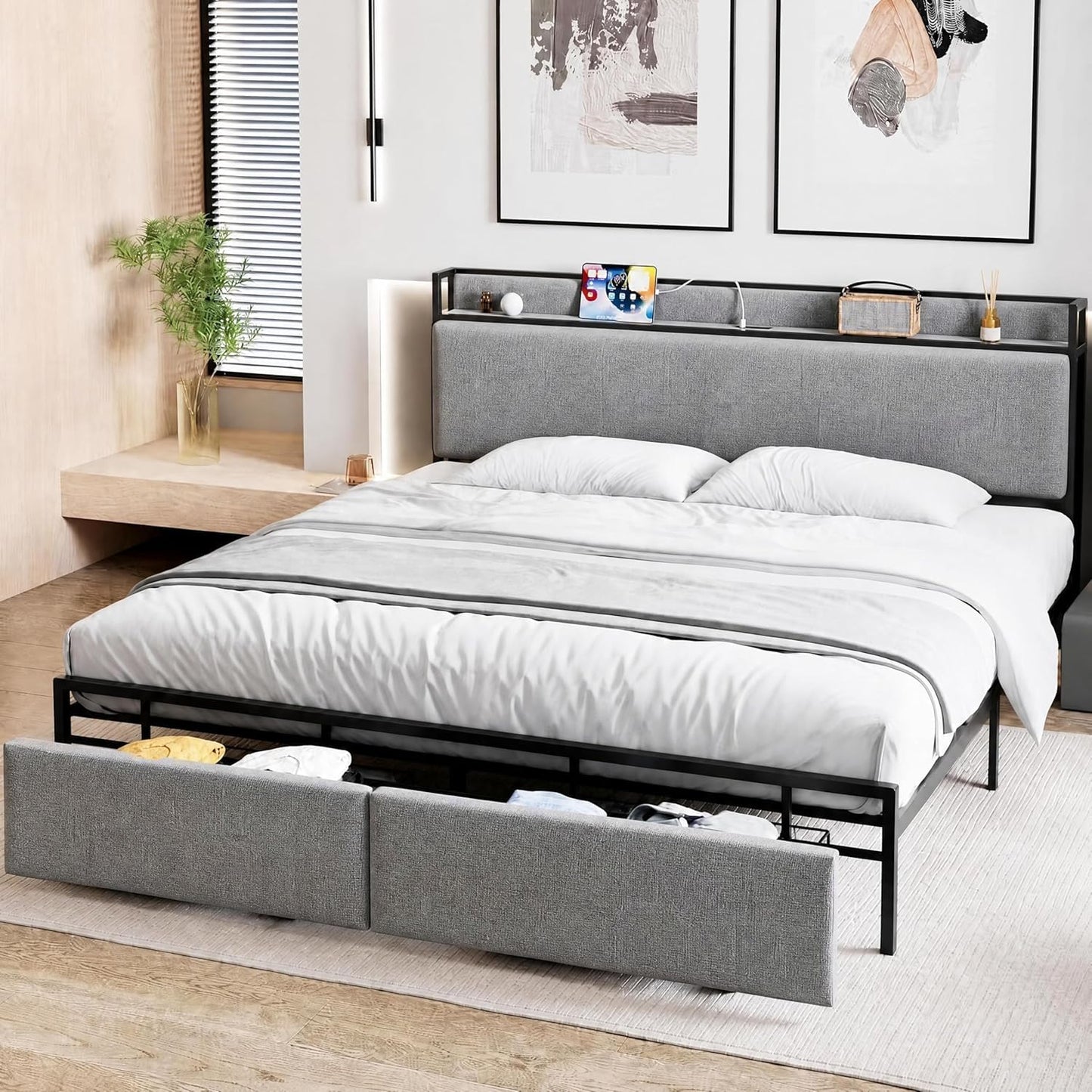 Garvee King Size Bed Frame with 2 Storage Drawers and USB Ports, Upholstered Platform Bed with Headboard, Sturdy & Noise Free, Under Bed Storage, No Box Spring Needed, Gray