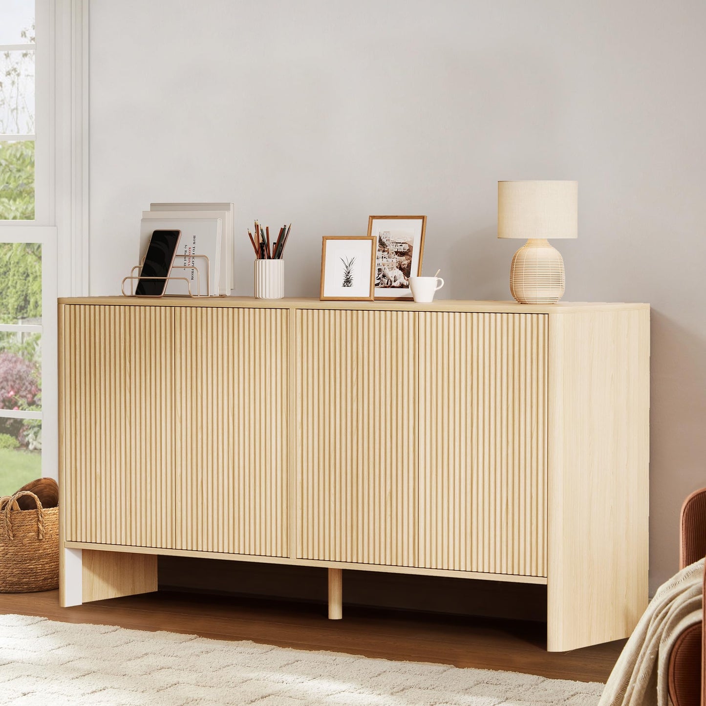 GAOMON 58inch Sideboard Buffets Cabinet, Large Wood Fluted Coffee Bar Cabinet Console Table with 4 Fluted Doors and Storage Adjustable Shelf for Living Room Kitchen Entryway, Natural Oak