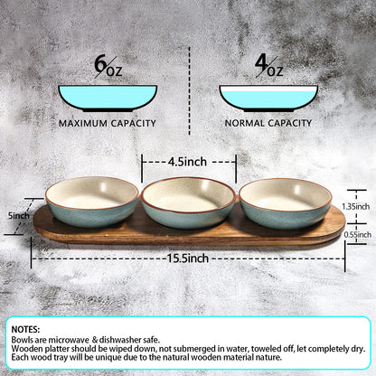 Artena 6oz Turquoise Solid Ceramic Chips and Dip Serving Platter with Acacia Wooden Tray, 4.5inch Glazing Small Serving Bowls/Dipping Dishes for Condiments,Side Dishes, Dipping, Pre, Dessert, Salsa