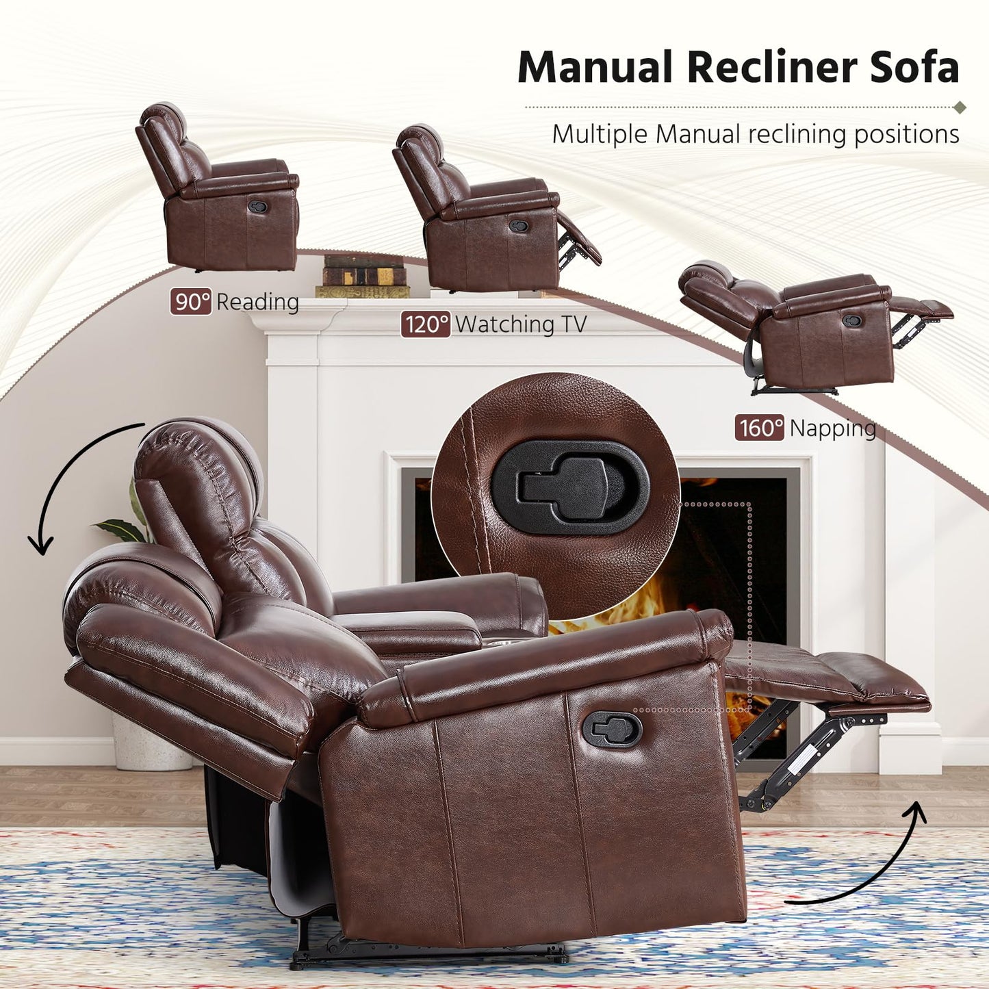 ANJ Premium Genuine Manual Reclining Sofa Set with Overstuffed Backrest, Included Single Recliner Chair and Loveseat 2-Seater Couch with Storage Console, 2-Piece Living Room Furniture Set, Rust Brown