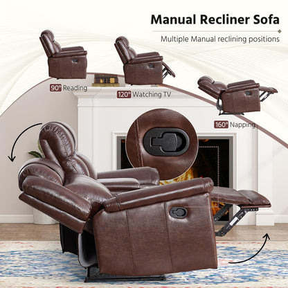 ANJ Geniune Leather Manual Loveseat Recliner Sofa Set of 2 with Center Console, Overstuffed 2-Seater Reclining Couch with Hidden Storage & Cup Holders, 2 Dual Recliner for Living Room, Rust Brown
