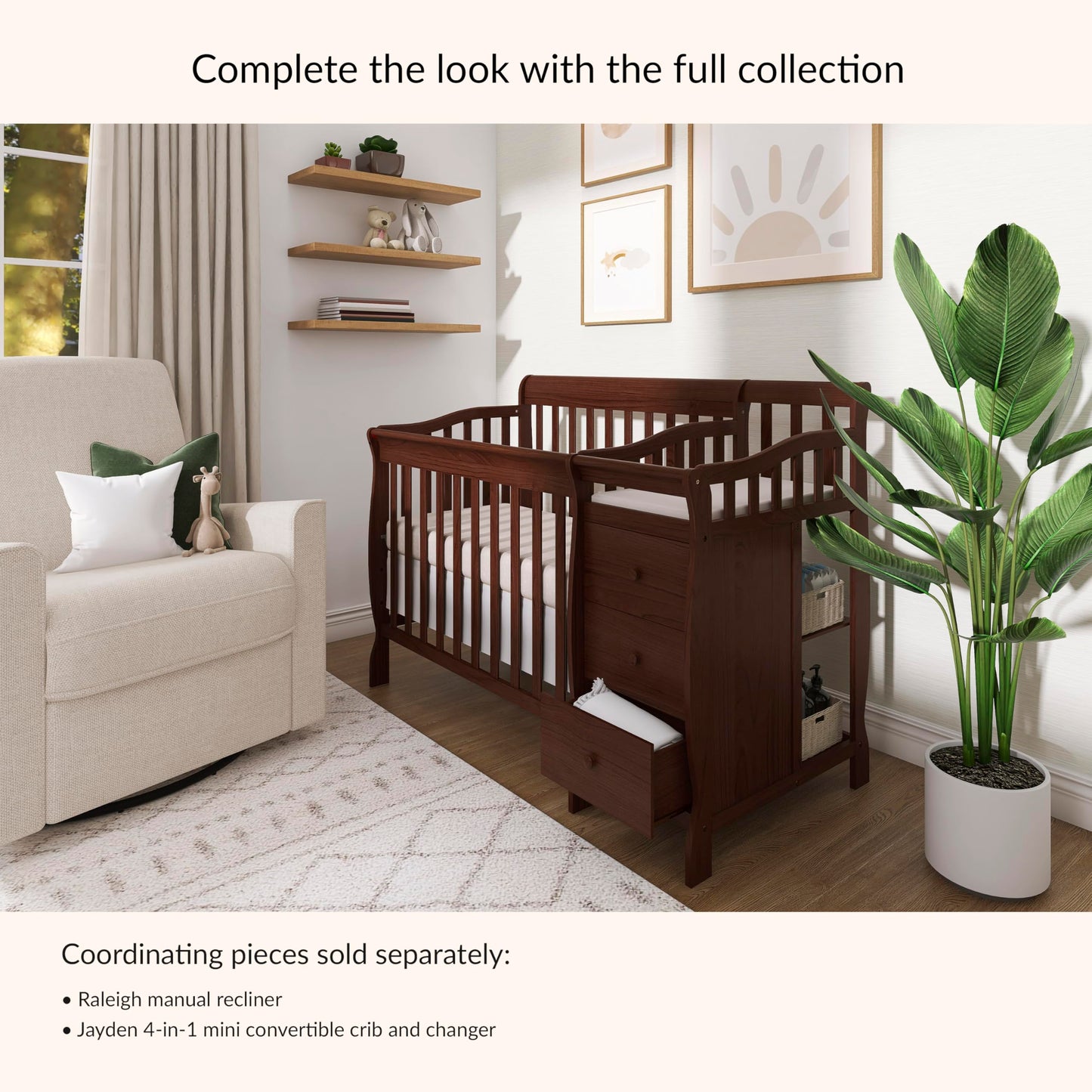 Dream On Me Jayden 4‑in‑1 Mini Convertible Baby Crib & Changer with Storage in Espresso, Pinewood, GreenGuard Gold & BSA, 1” Mattress Pad, 3 Mattress Heights, Converts to Mini Day & Twin-Size Bed