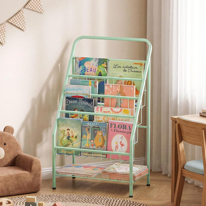 4-Tier (28.35" JAQ Green Kids Bookshelf, Metal Book Display Rack for Small Space, Child-Safe Forward Facing Toddler