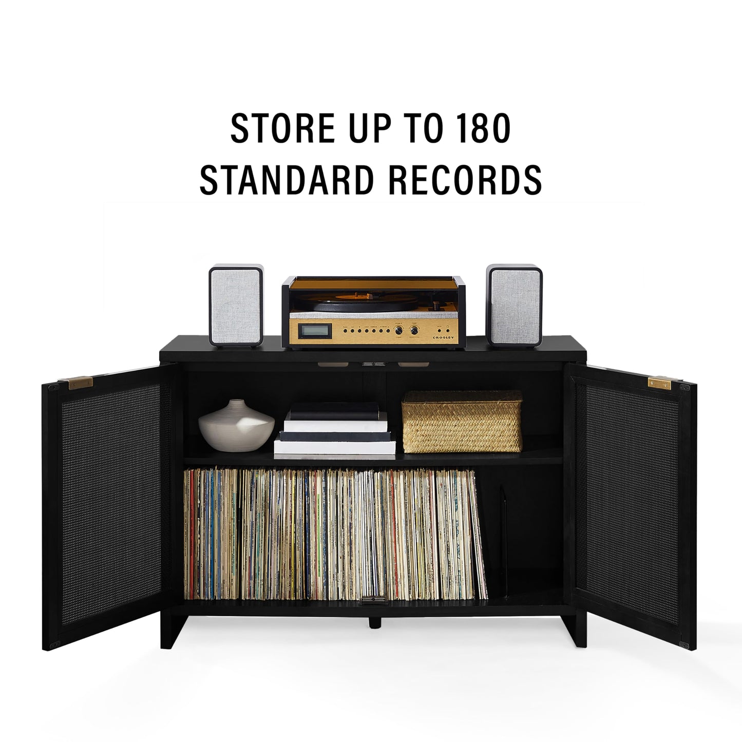 Crosley Furniture Kenji Media Console, Record Player Stand with Vinyl Storage, Modern Home Organizer, Black