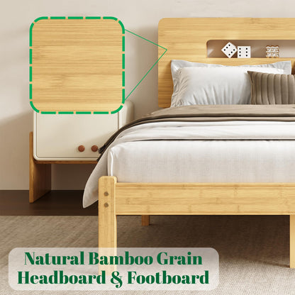 Askeld Wood Full Bed Frame with Storage Shelf Headboard, 14 Inch High Bamboo Platform Bed No Box Spring Needed, Mid-Century Heavy Duty Bedframe, Easy Assembly, Noise Free