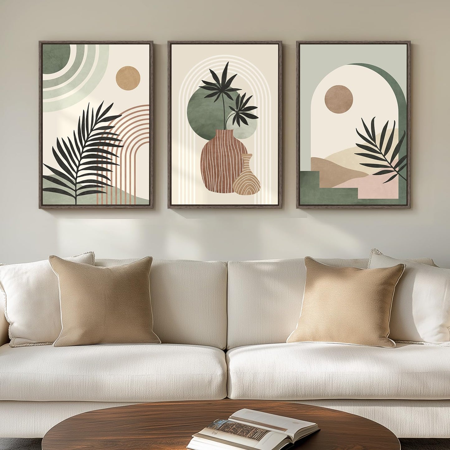 Framed Boho Sage Green Wall Art for Living Room, Large Mid Century Modern Tropical Leaf Canvas Artwork for Walls, 3 Piece Beige Orange Bohemian Wall Art Prints for Bedroom Kitchen Hallway, 16x24 Inch