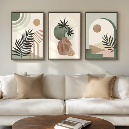 Framed Boho Sage Green Wall Art for Living Room, Large Mid Century Modern Tropical Leaf Canvas Artwork for Walls, 3 Piece Beige Orange Bohemian Wall Art Prints for Bedroom Kitchen Hallway, 16x24 Inch