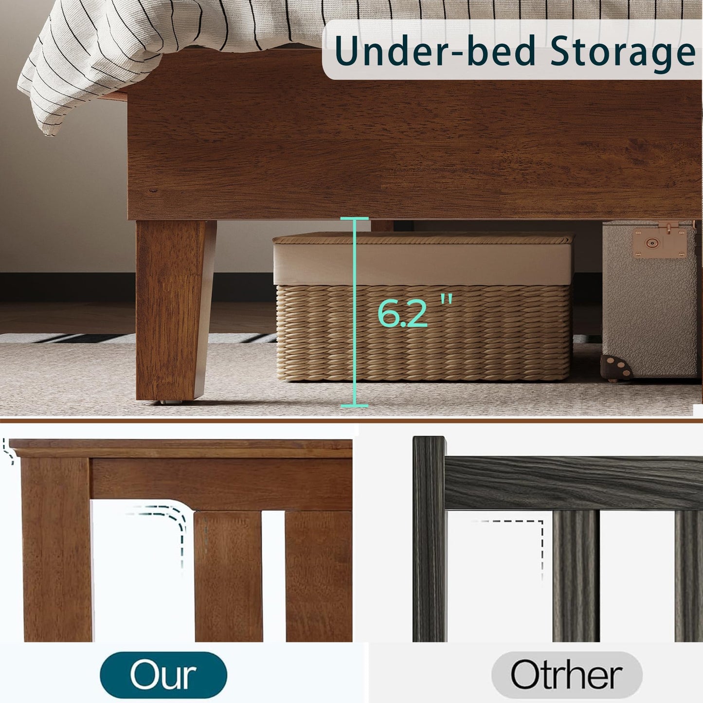 LINSY Solid Wood Bed Frame, Full Bed Frames Wooden Platform Frame with Headboard and Slat Bases, Mid Century Modern Bedframe No Box Spring Needed, Easy Assembly, Antique Walnut