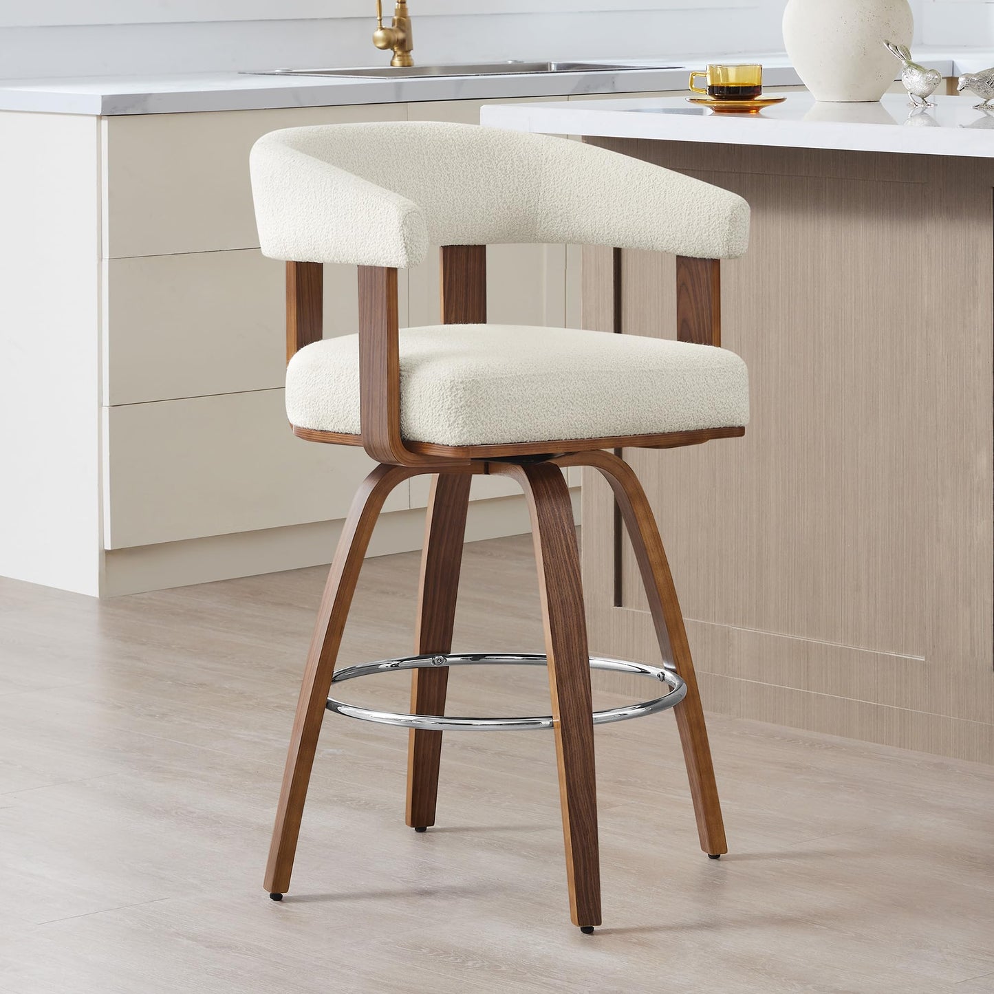 CHITA Swivel Counter Height Barstools Set of 2, FSC Certified Polyester Upholstered Bar Stools with Back and Armrest for Kitchen Island Home Bar, 27" Seat Height, Cream with Walnut Frame
