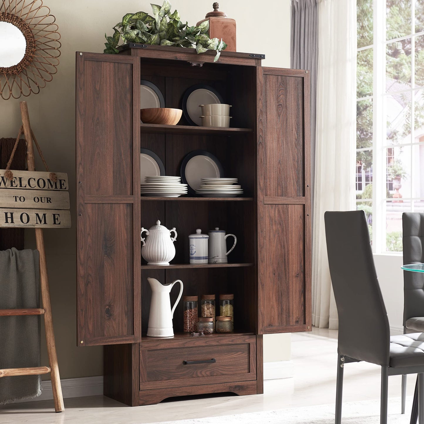 JXQTLINGMU Farmhouse Kitchen Pantry Cabinet - 72" Tall Wood Kitchen Storage Cabinets with Adjustable Shelves & 2 Barn Doors & Drawer, Versatile Storage for Dining Room, Bathroom, Rustic Brown