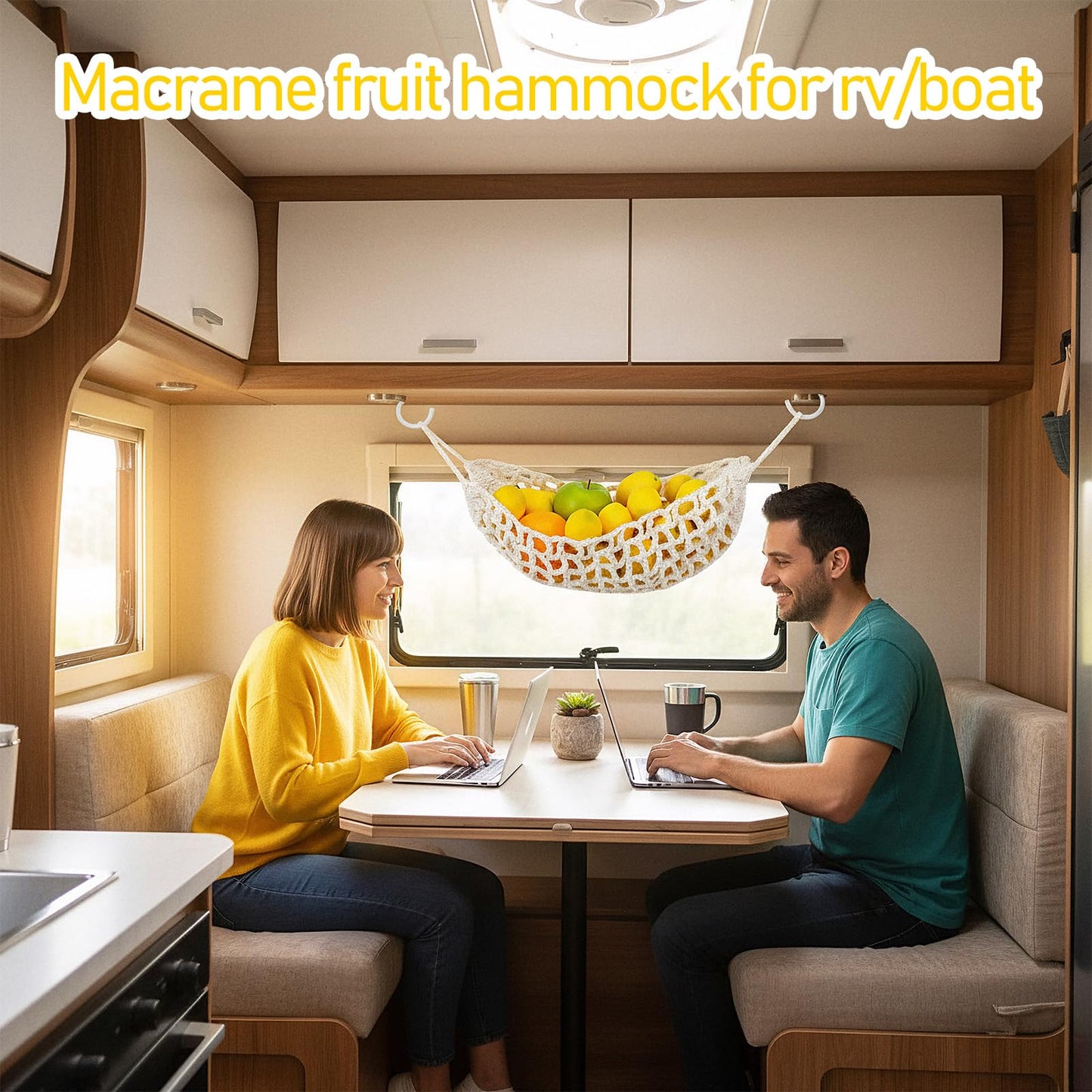 DOPENSPI Fruit Hammock, 22.4×8.7in Fruit Hammock Under Cabinet with 4PCS Hooks Hanging Fruits Basket Fruits Net Woven Boho Banana Holder Veggie Basket Saves Counter for Kitchen Home Boat Rv