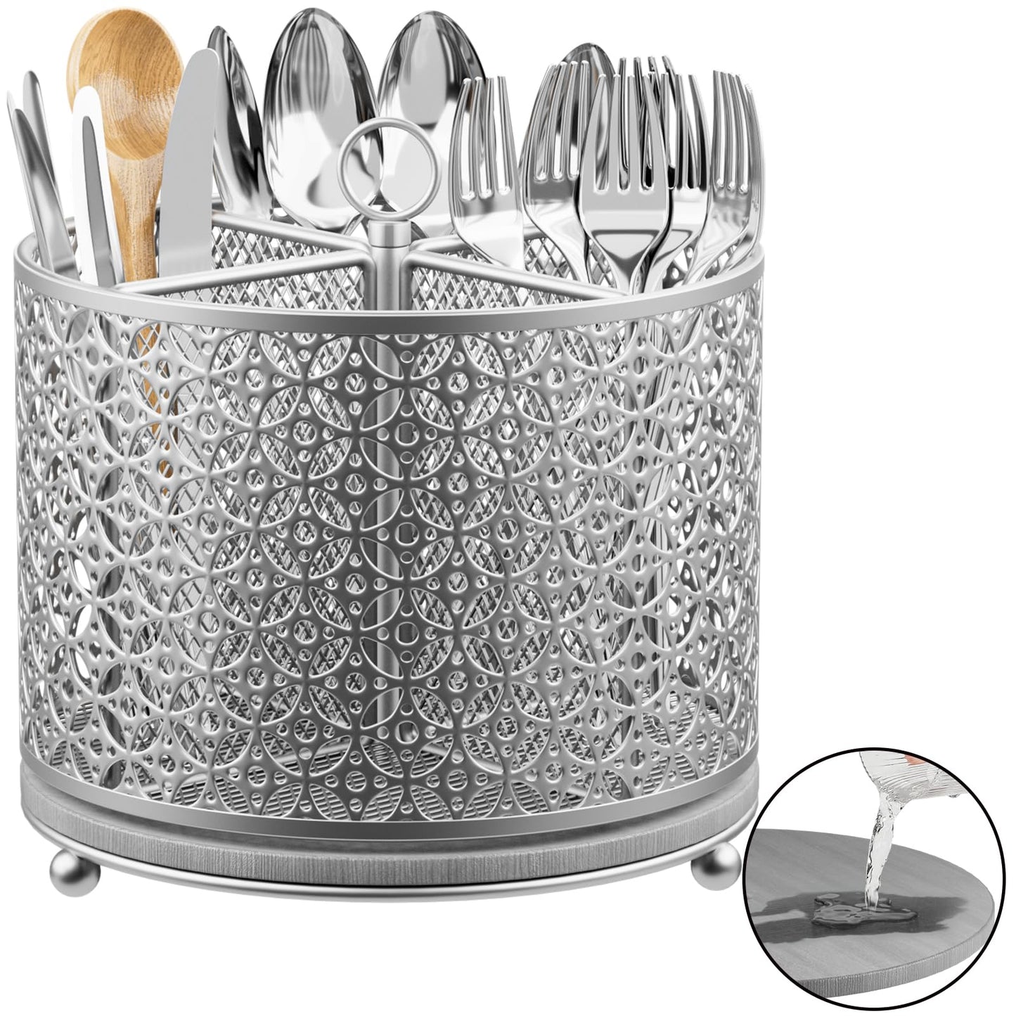 Rotating Utensil Holder for Kitchen - Silverware Caddy Fast-Drying Flatware Organizer 4 Compartment Large Cutlery Holder Utensils Caddy with Handle For Kitchen Countertop Party Picnic Table Silver