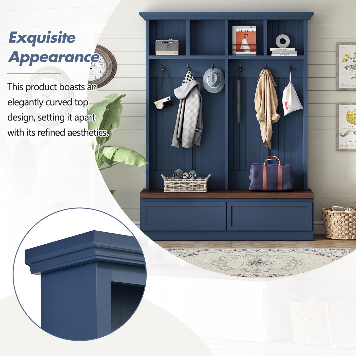 Merax Wood Hall Tree with 6 Hooks & Entryway Bench, Farmhouse Mudroom Versatile Coat Racks with 2 Large Drawers, Entrance Organizer for Hallway, Blue