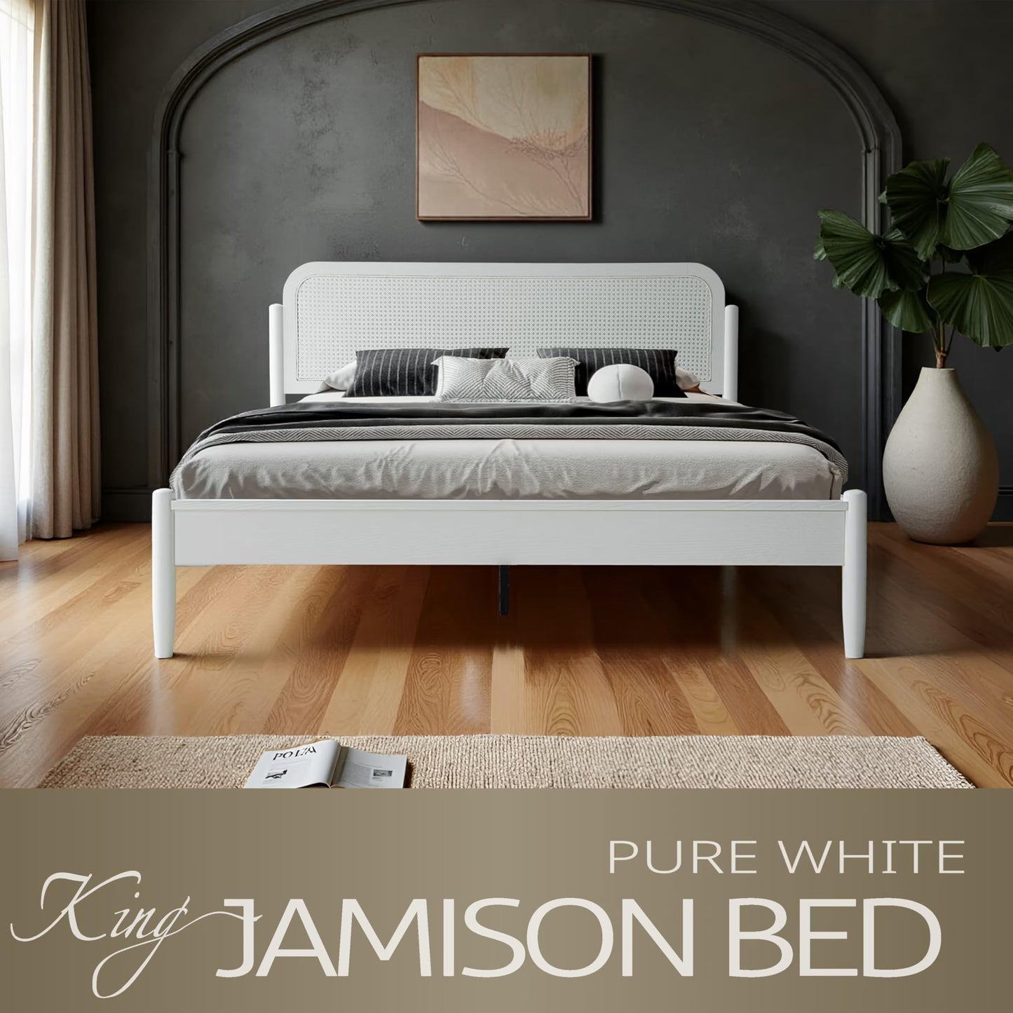 King Size Frame Solid Wood Platform Bed, Headboard & Footboard, 12 Durable Slatted Base, Metal Legs, No Box Spring Needed, Anti-Slip & Noise-Free, Easy Assembly, Pure White Finish JMK-39