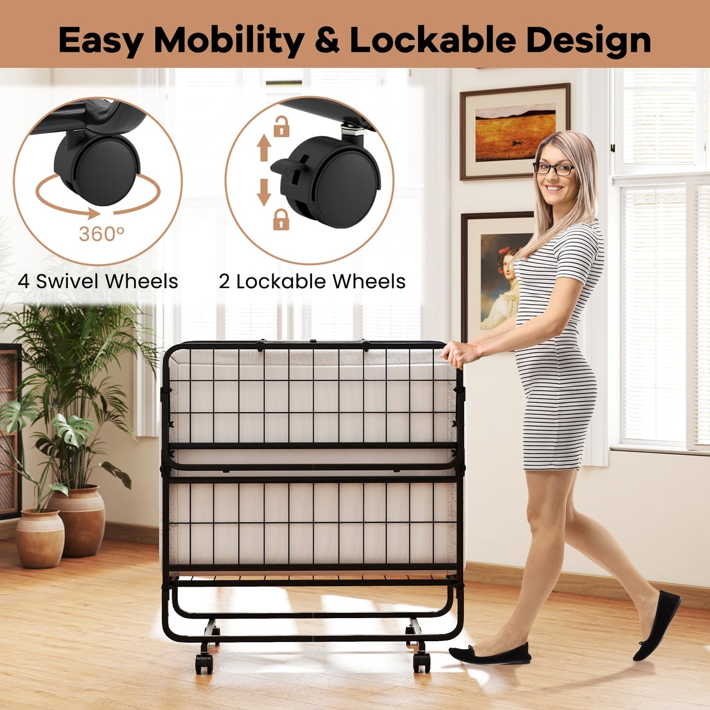 Giantex Twin Folding Bed with 5 Inch Mattress, Rollaway Guest Bed with Top Pillow, Storage Pocket & Metal Frame, Space-Saving Fold up Beds, Portable Roll Away Beds for Adults, 75" x 39"