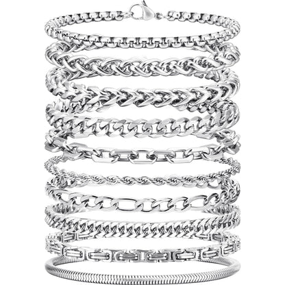 VNOX Silver Chain Bracelet for Men - 10 Pcs Solid Stainless Steel Rope/Figaro/Paperclip/Cuban Link/Snake Curb Chunky Chain Bracelet Set Wrist Band for Men Women,Mens Jewelry Set