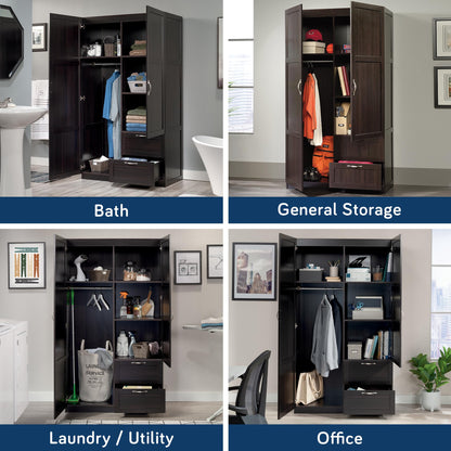 Sauder Select Multipurpose Bedroom Armoire Wardrobe Closet Pantry Storage Cabinet with Storage Drawers and Hanging Rail, in Cinnamon Cherry