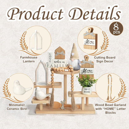 Farmhouse Tiered Tray Decor Set, 8 PCS Rustic Sweet Home Tabletop Decorations with Wooden Signs Lantern Plant Gnome Bead Garland & Bird Accent, Cozy Country Decorations for Home Table Kitchen Island