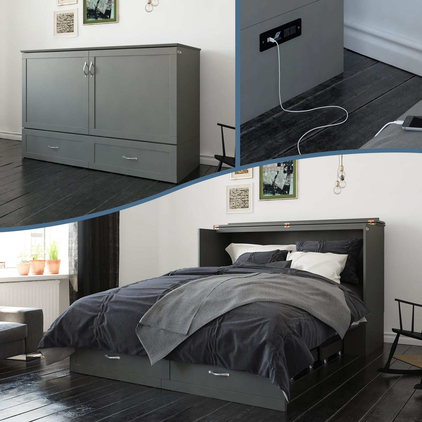 AFI Hamilton Queen Murphy Bed Chest with Mattress, Storage, and Built-in Charger in Grey