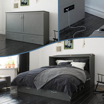 AFI Hamilton Queen Murphy Bed Chest with Mattress, Storage, and Built-in Charger in Grey