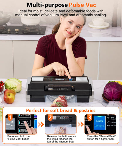 95KPa Vacuum Sealer Machine- Fully Automatic Commercial Food Sealer with 10-in-1 System, Double Heat Seal, Easy-Lock Handle & Built-in Cutter, Includes 1 Roll + 15 Bags (Black Silver)