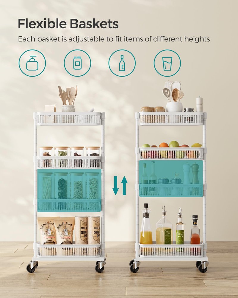 SONGMICS Slim Storage Cart, 4-Tier Metal Rolling Cart with Wheels, Flexible Baskets, Narrow Cart for Kitchen, Bathroom, Laundry Room, Easy Assembly, White UBSC065W01