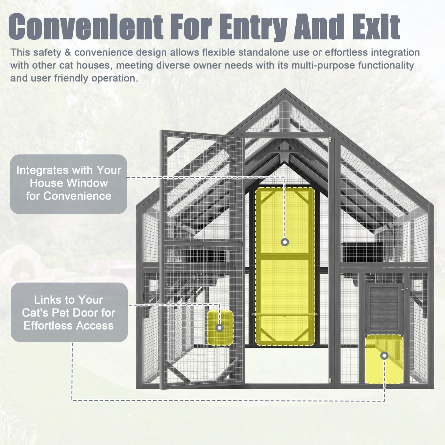 KEIKI 110" Large Outdoor Cat Enclosure for Multiple Cats, Weatherproof Wooden Catio with 7 Platforms, 2 Resting Boxes, 2 Bridges & Canopy, Secure Outdoor Cat House, Gray