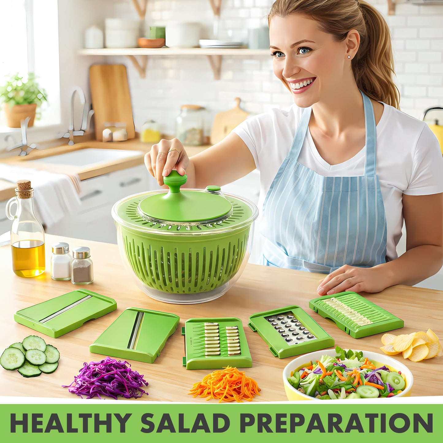 5-in-1 Salad Spinner Large with Lid Vegetable Washer and Dryer Fruit Cleaner Vegetable Chopper & Slicer with 5 Blades, 5 Qt Lettuce Spinner Strainer Shredder Bowl Egg Yolk Separator for Easy Meal Prep